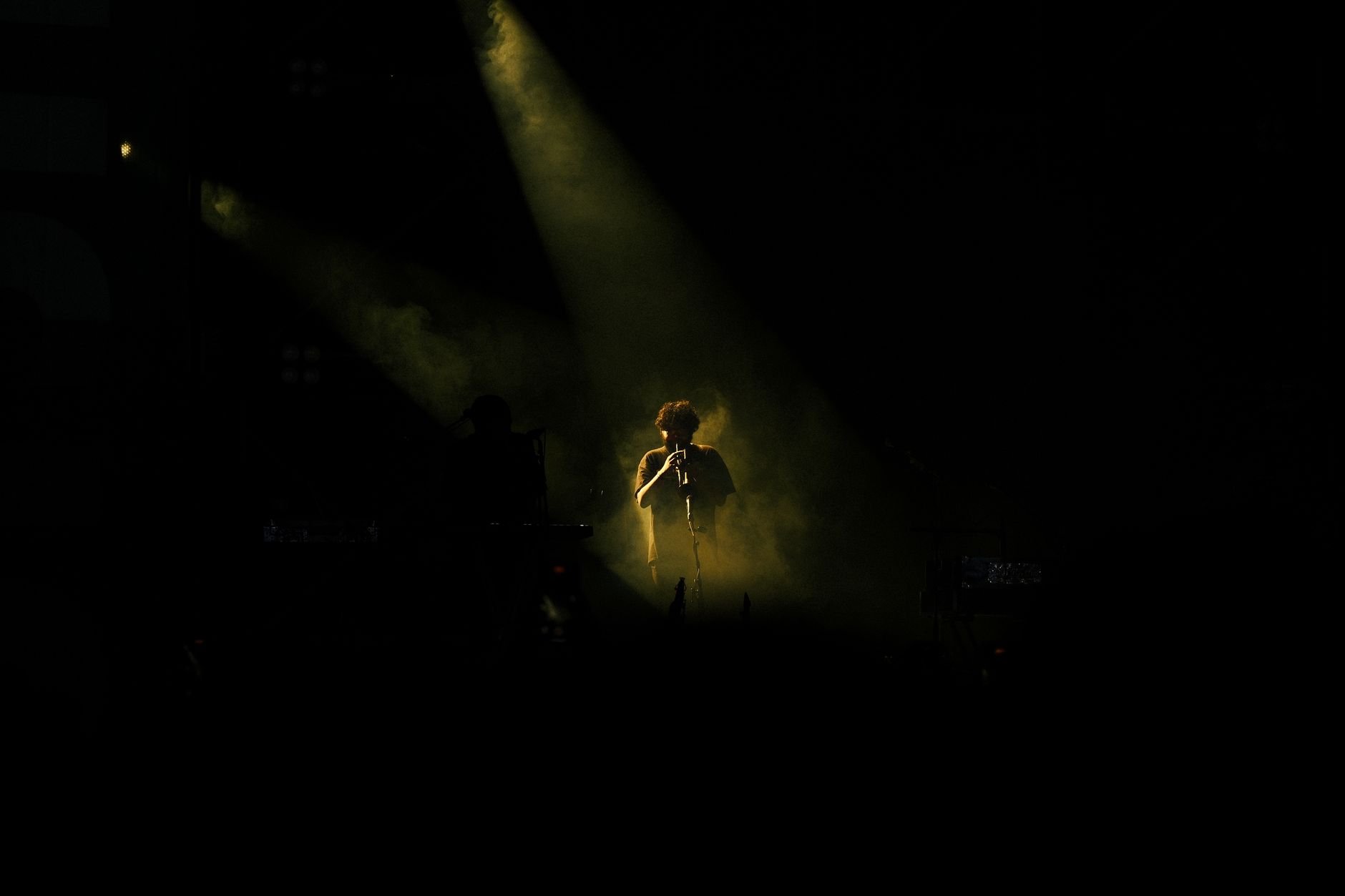 Captivating concert scene featuring a flute player under dramatic stage lighting.